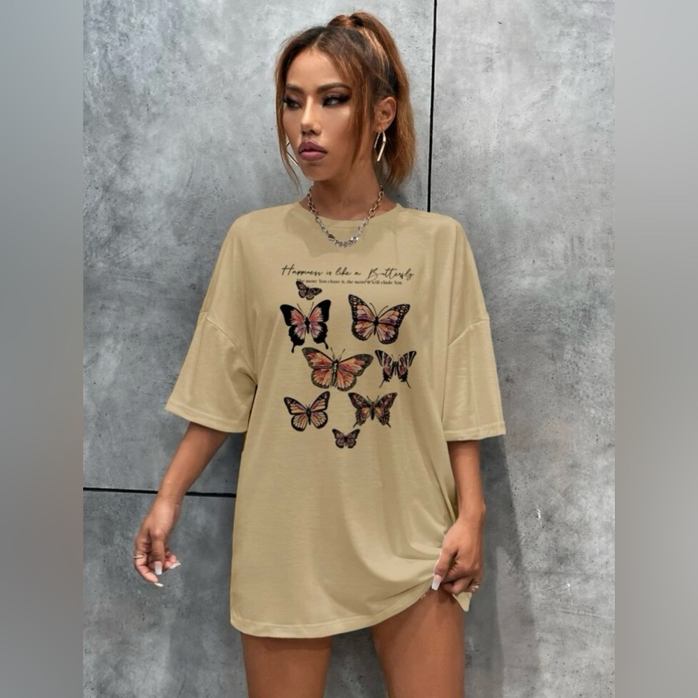NWOT Butterfly & Slogan Graphic Drop Shoulder Tee